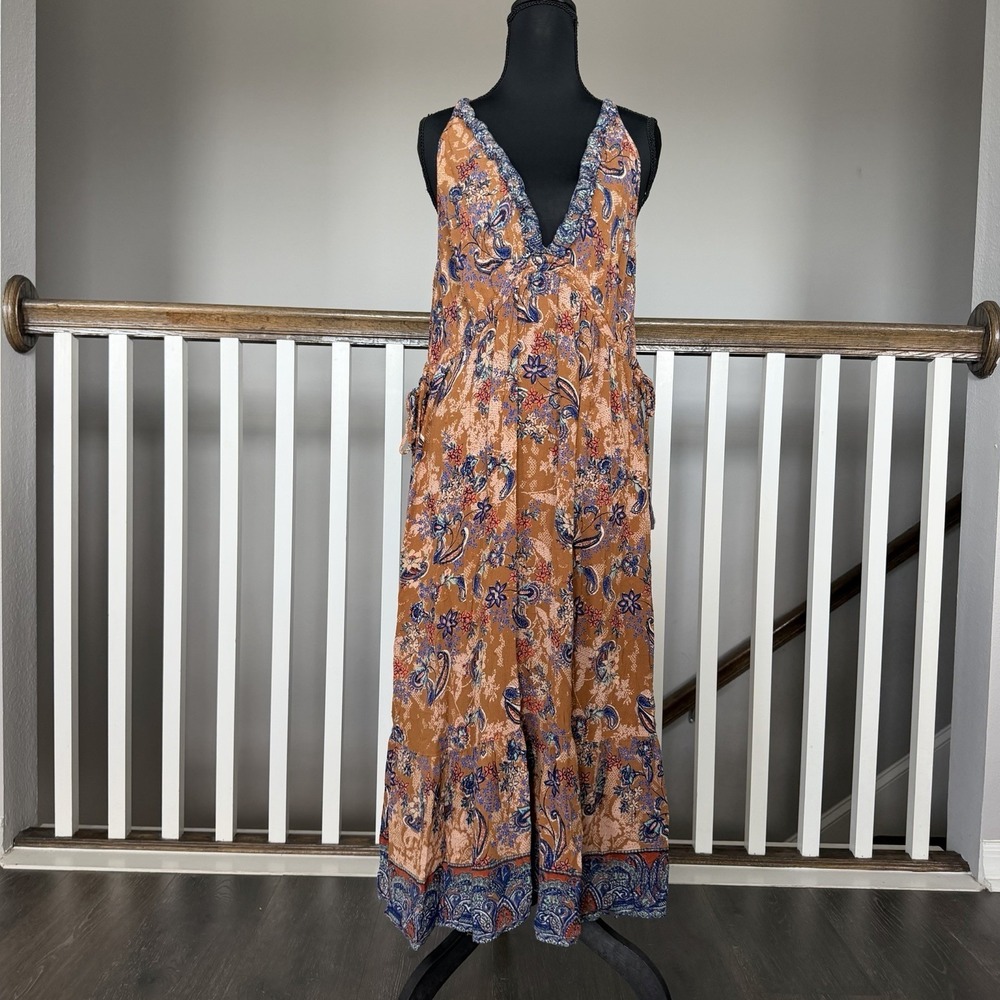 Angie Floral Paisley Maxi Dress Large V Neck Boho Resort Vacation Romantic